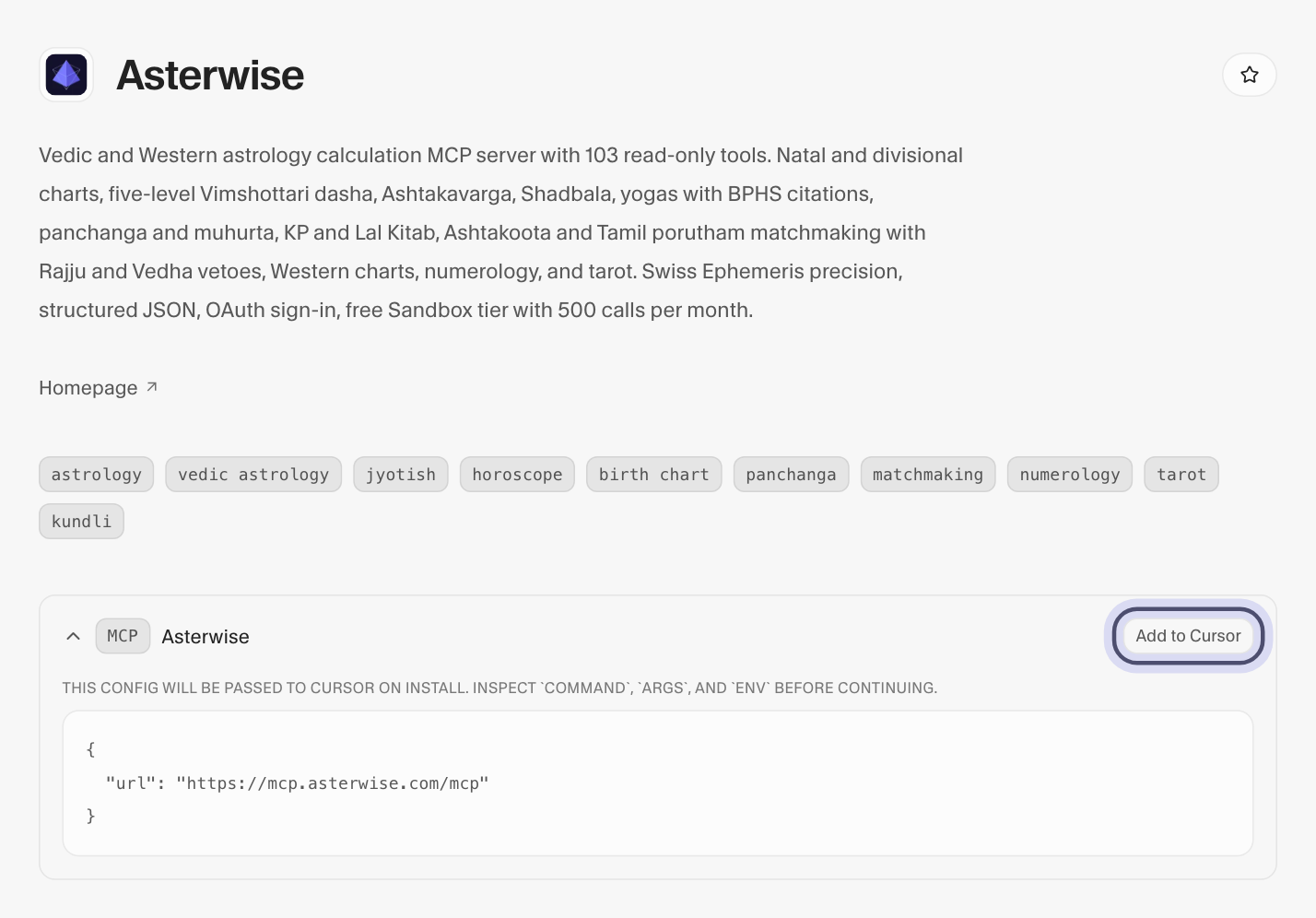 The Asterwise listing on cursor.directory with the Add to Cursor button highlighted at the top right of the MCP card